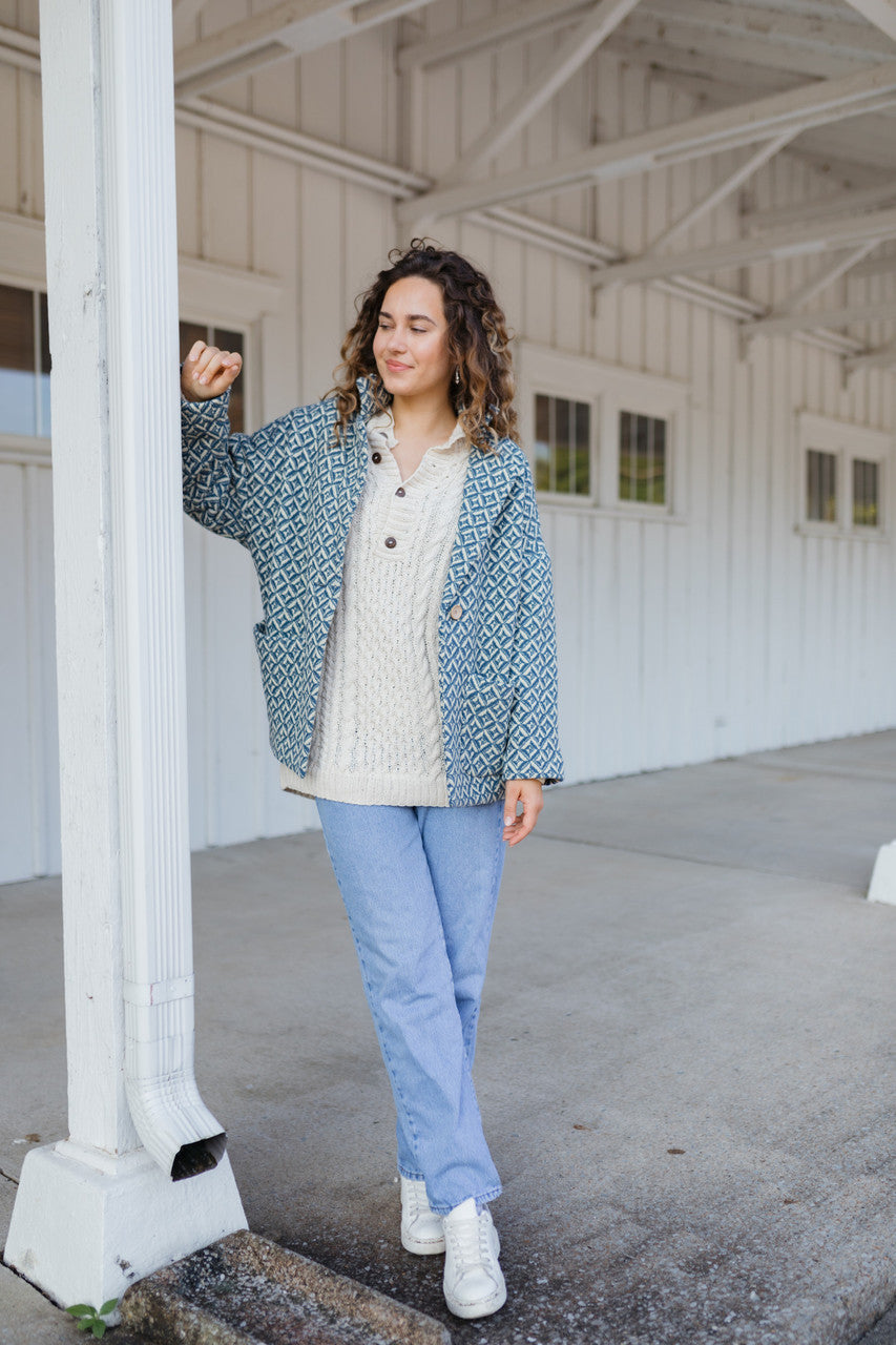 Portuguese Wool Pieper Coat in Midnight Blue Diamond Weave Made to Order