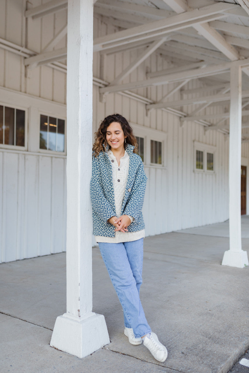 Portuguese Wool Pieper Coat in Midnight Blue Diamond Weave Made to Order