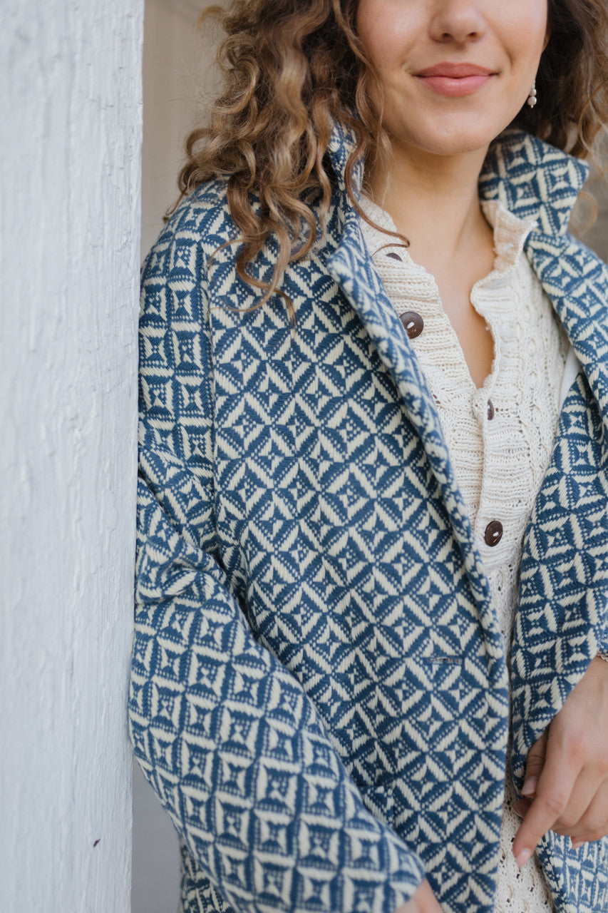 Portuguese Wool Pieper Coat in Midnight Blue Diamond Weave Made to Order