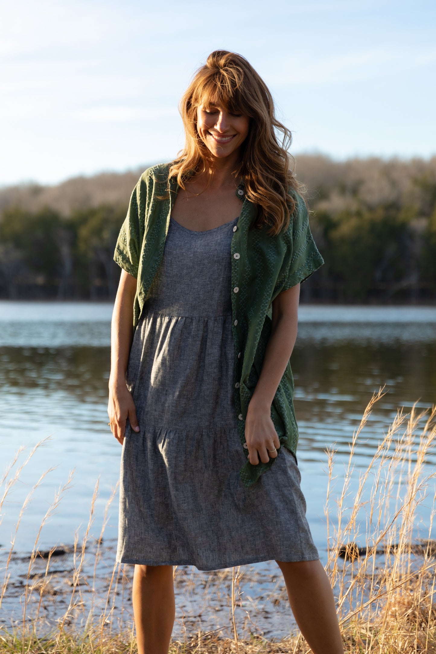 Paige Handwoven Cotton Relaxed Shirt Dress in Green Check Made to Order