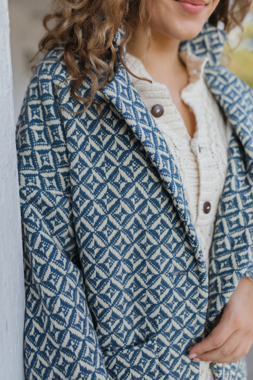 Portuguese Wool Pieper Coat in Midnight Blue Diamond Weave Made to Order