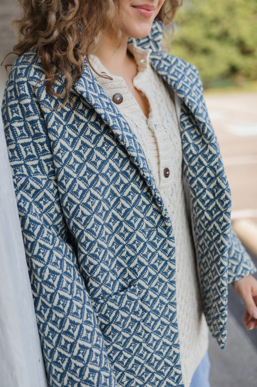 Portuguese Wool Pieper Coat in Midnight Blue Diamond Weave Made to Order