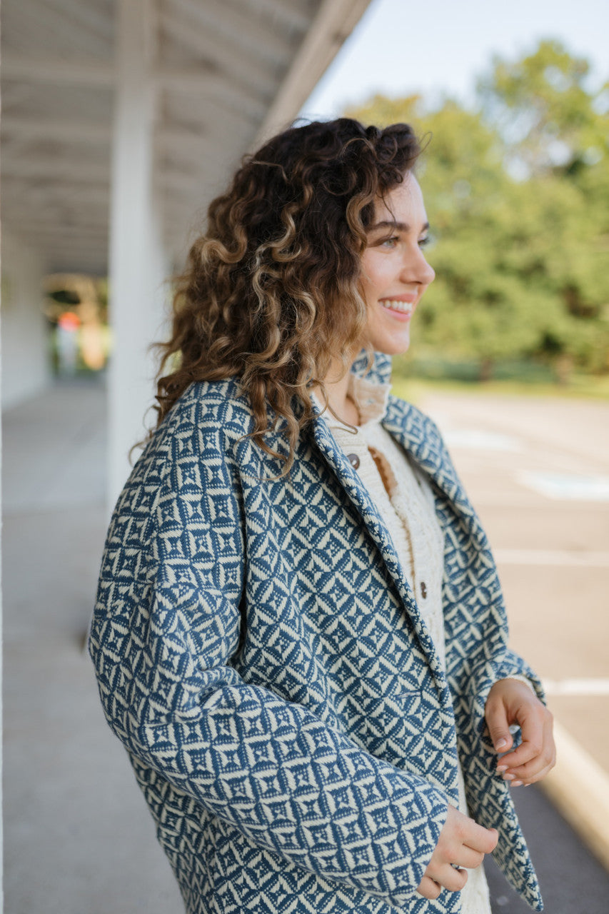 Portuguese Wool Pieper Coat in Midnight Blue Diamond Weave Made to Order