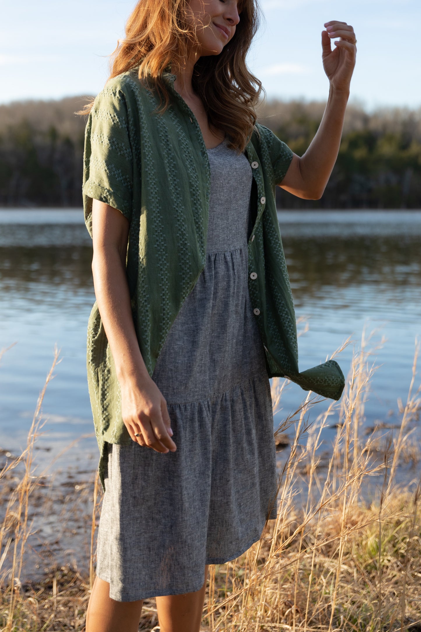 Paige Handwoven Cotton Relaxed Shirt Dress in Green Check Made to Order