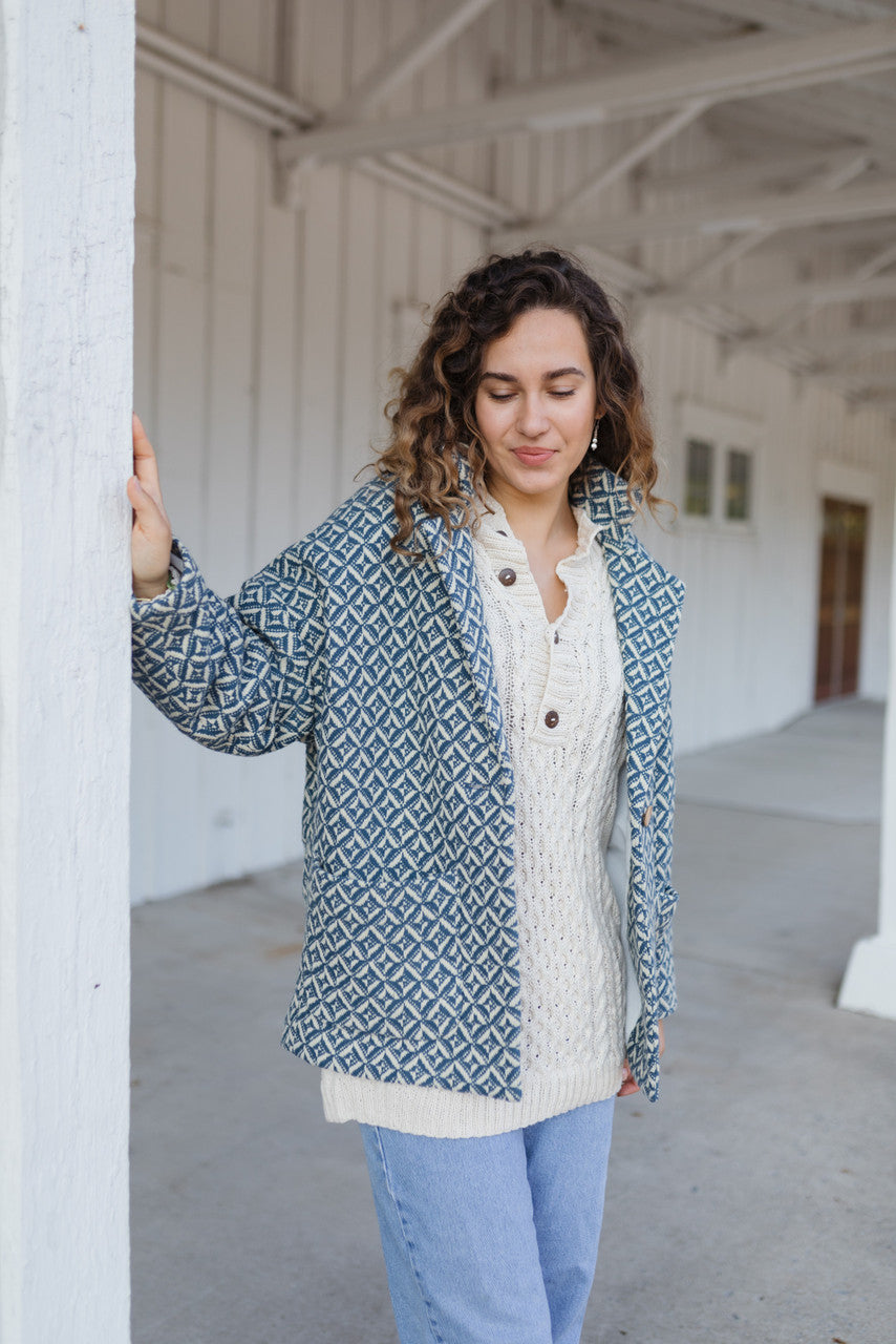 Portuguese Wool Pieper Coat in Midnight Blue Diamond Weave Made to Order