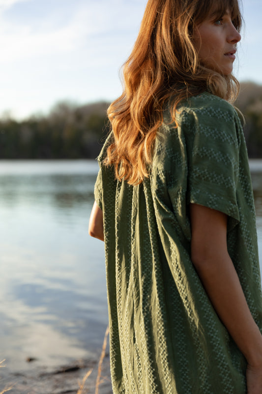 Paige Handwoven Cotton Relaxed Shirt Dress in Green Check - S Left