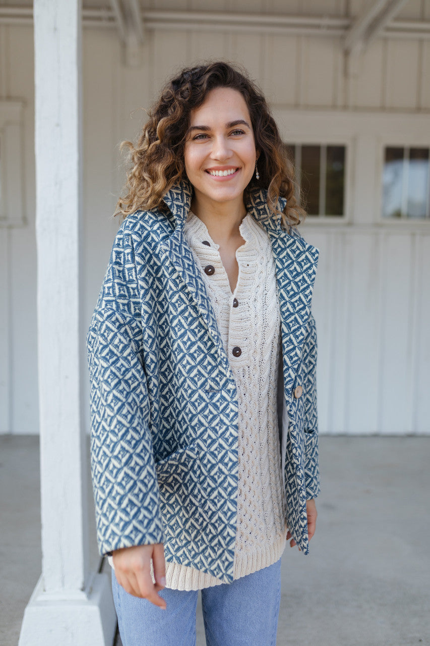 Portuguese Wool Pieper Coat in Midnight Blue Diamond Weave Made to Order