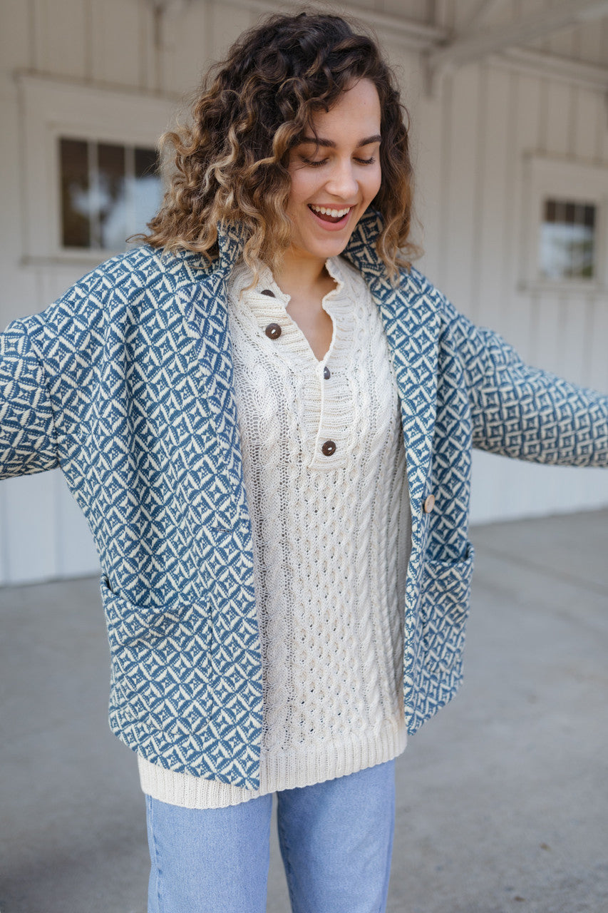 Portuguese Wool Pieper Coat in Midnight Blue Diamond Weave Made to Order