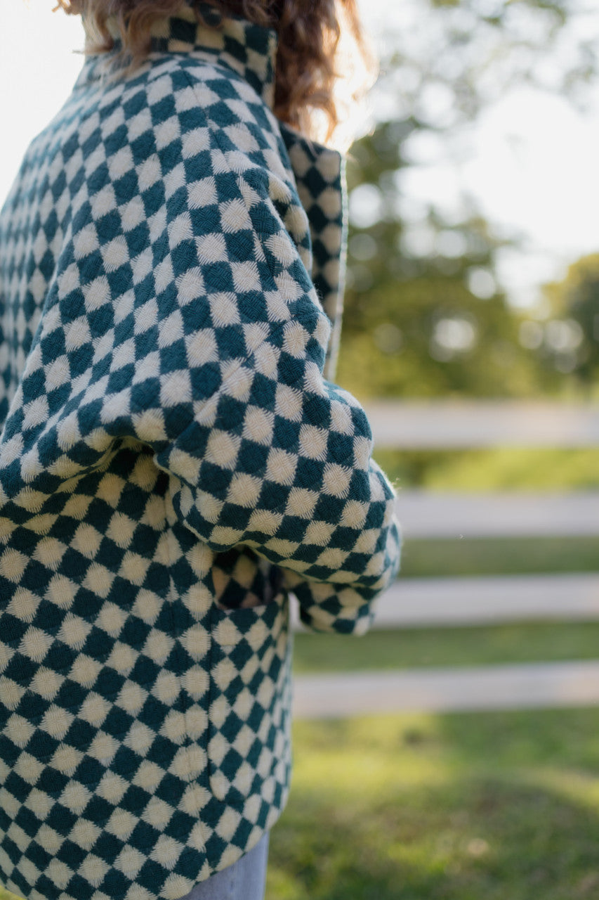 Portuguese Wool Pieper Coat in Teal and Cream Check Made to Order