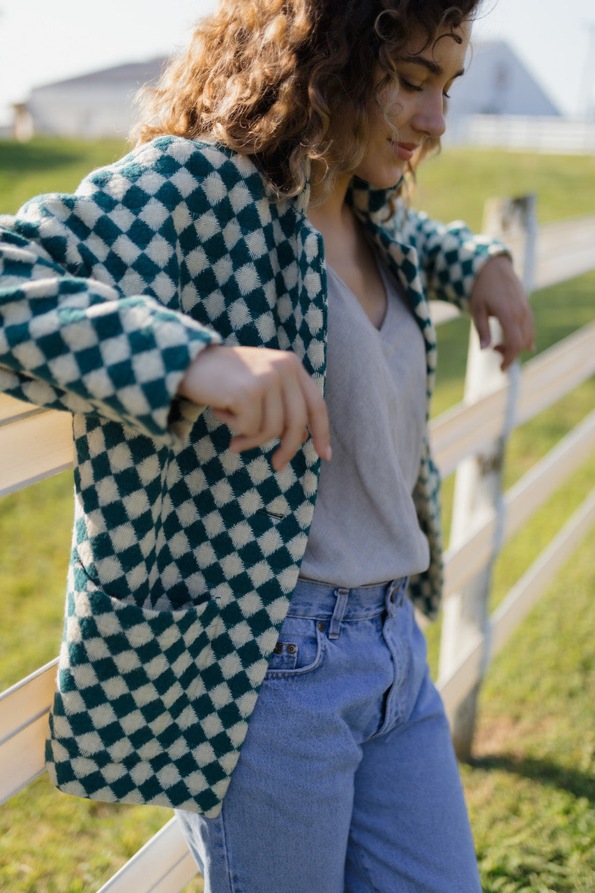 Portuguese Wool Pieper Coat in Teal and Cream Check Made to Order