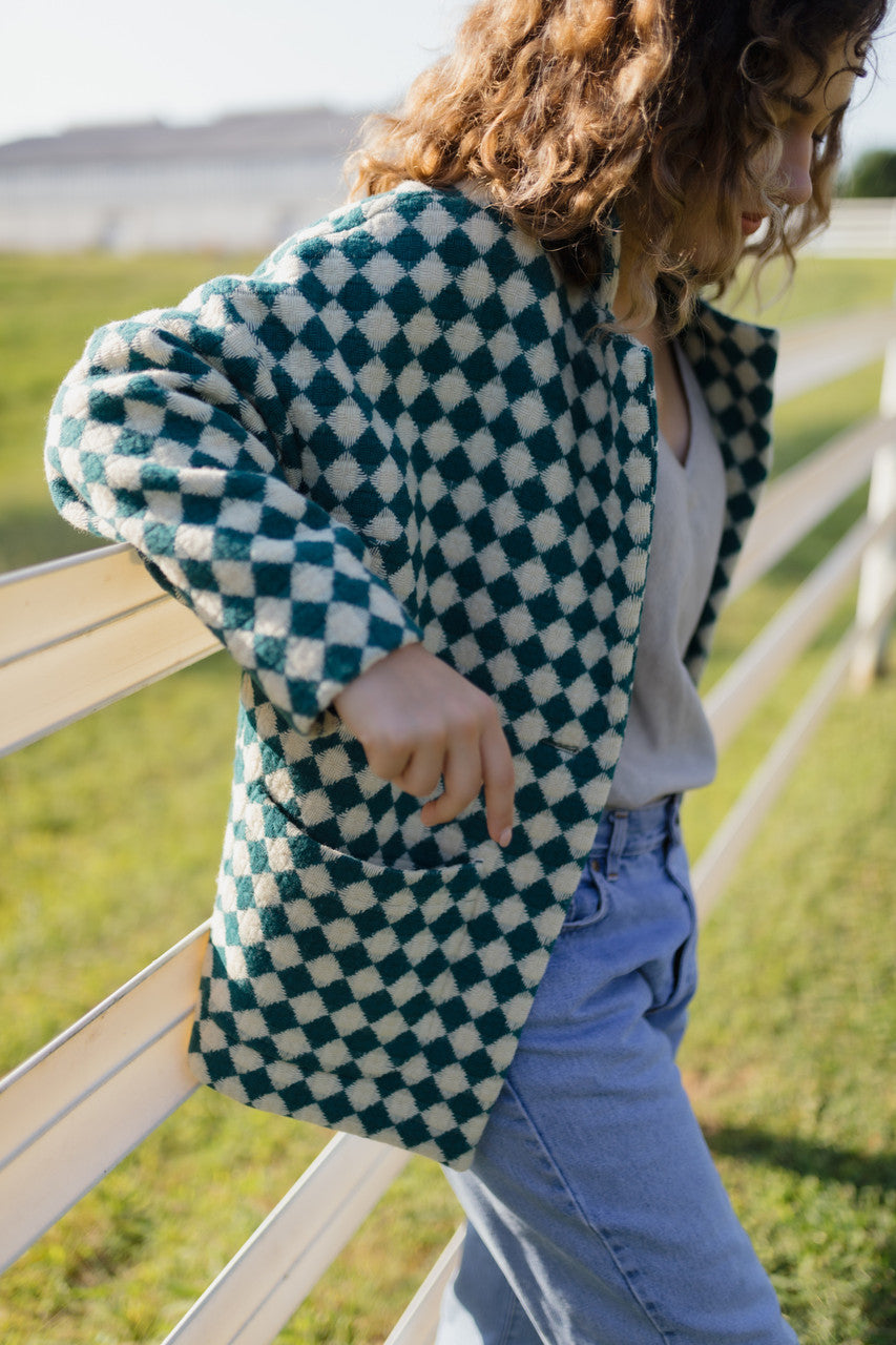 Portuguese Wool Pieper Coat in Teal and Cream Check Made to Order