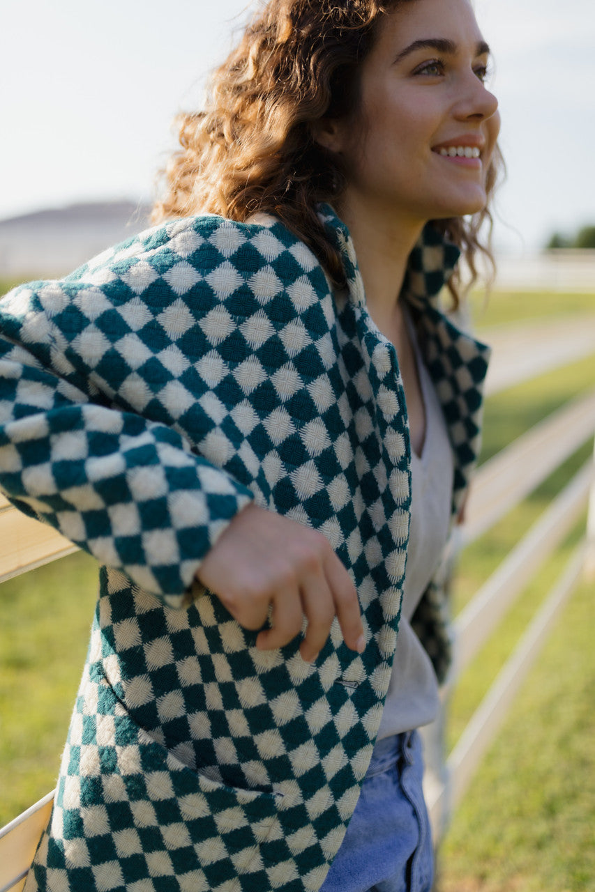 Portuguese Wool Pieper Coat in Teal and Cream Check Made to Order