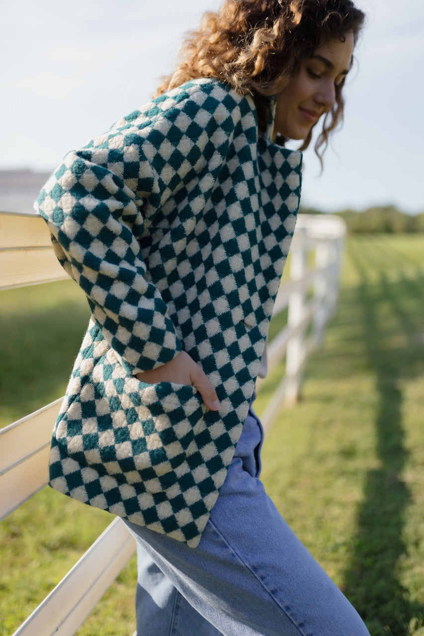 Portuguese Wool Pieper Coat in Teal and Cream Check Made to Order