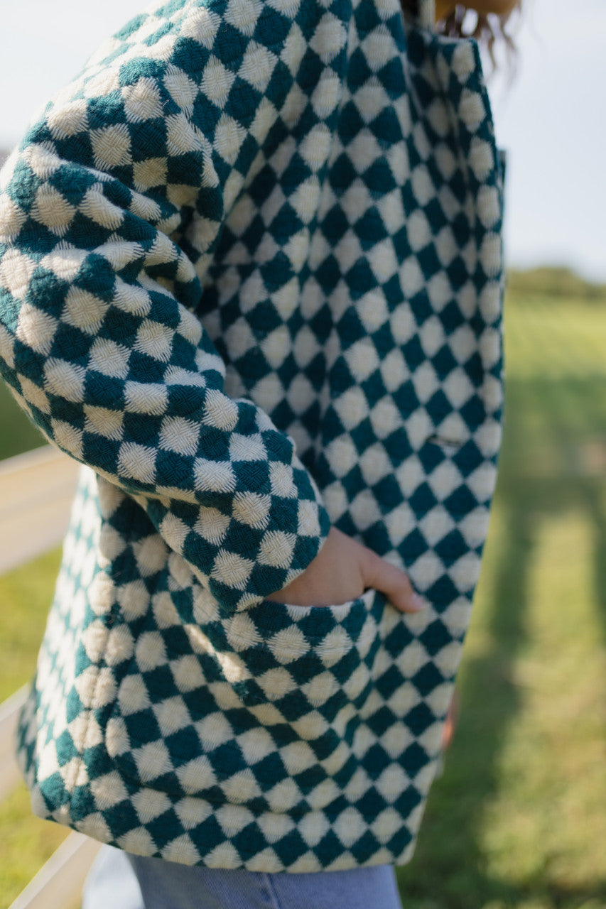 Portuguese Wool Pieper Coat in Teal and Cream Check Made to Order