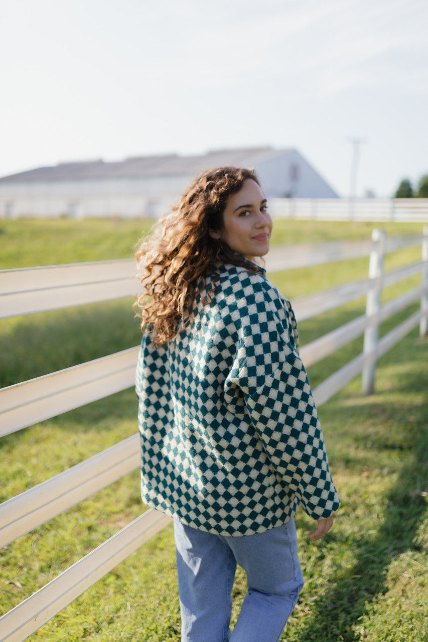 Portuguese Wool Pieper Coat in Teal and Cream Check Made to Order