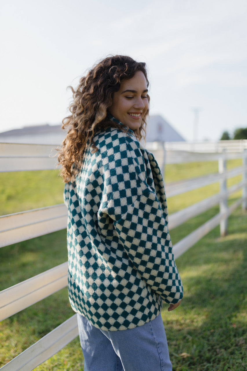 Portuguese Wool Pieper Coat in Teal and Cream Check Made to Order