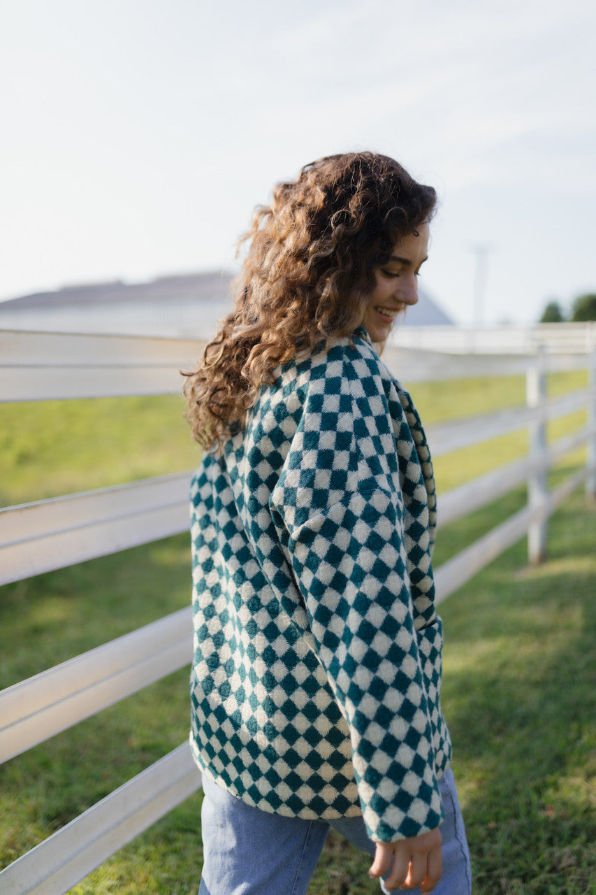 Portuguese Wool Pieper Coat in Teal and Cream Check Made to Order