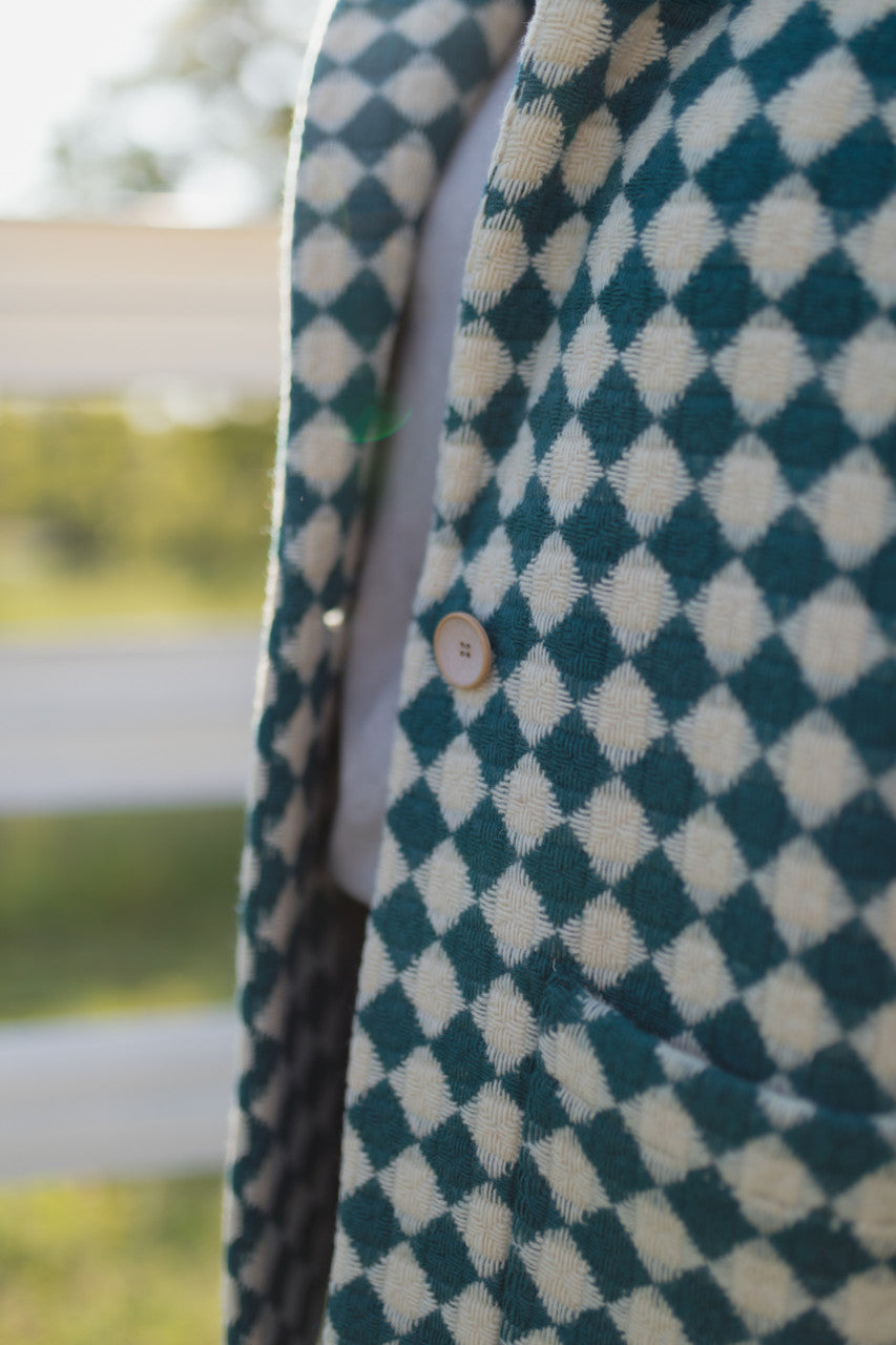 Portuguese Wool Pieper Coat in Teal and Cream Check Made to Order