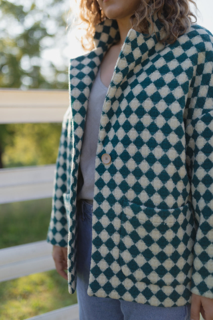 Portuguese Wool Pieper Coat in Teal and Cream Check Made to Order