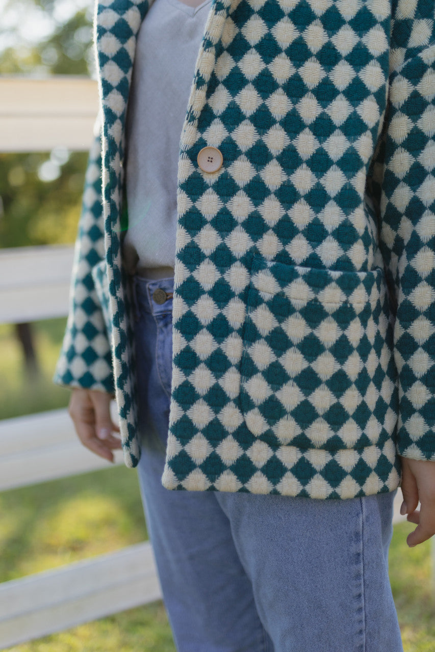 Portuguese Wool Pieper Coat in Teal and Cream Check Made to Order