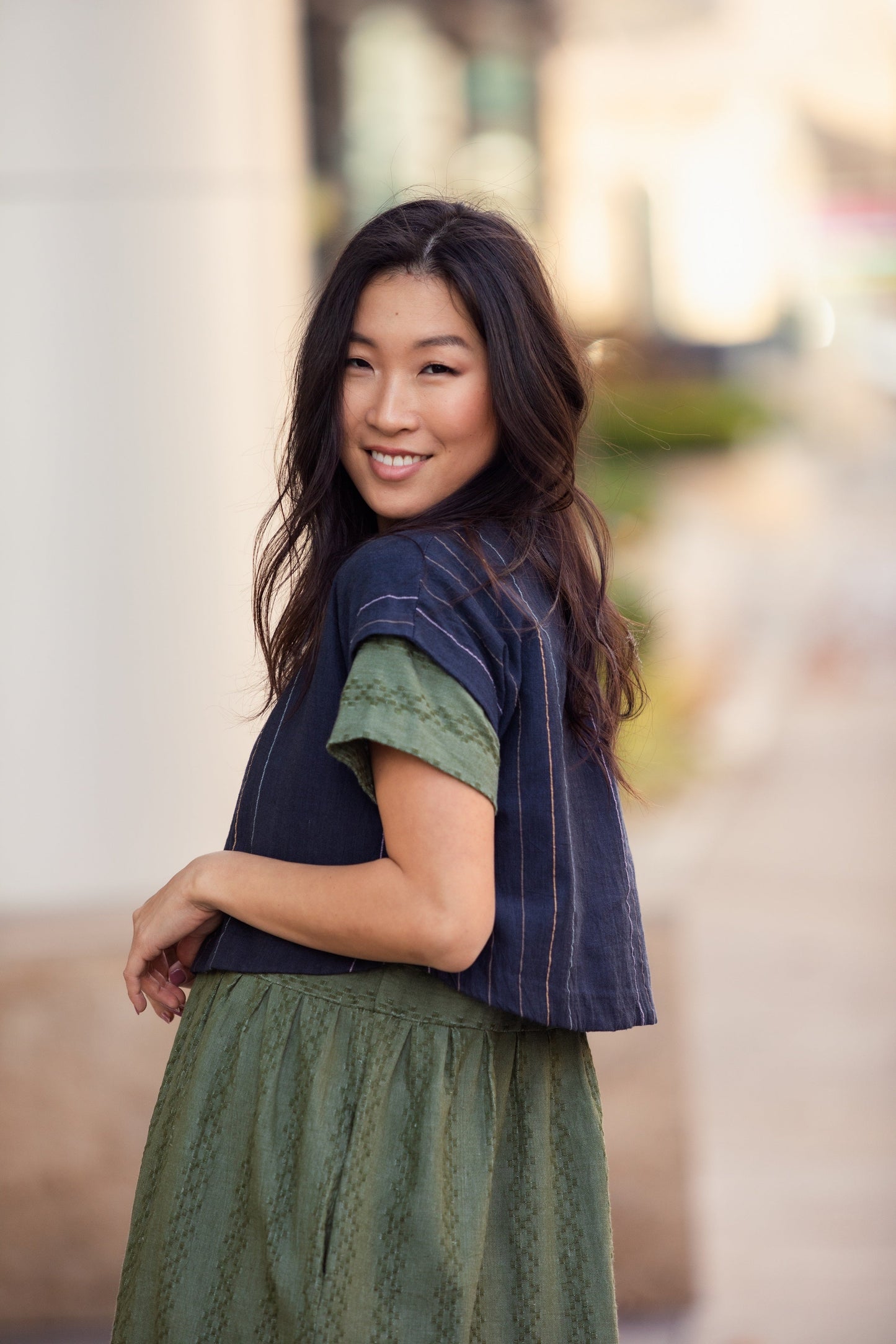 Katie Handwoven Cotton Set in Navy Pin Stripe - Pants in Multiple Sizes and XXL Set Left