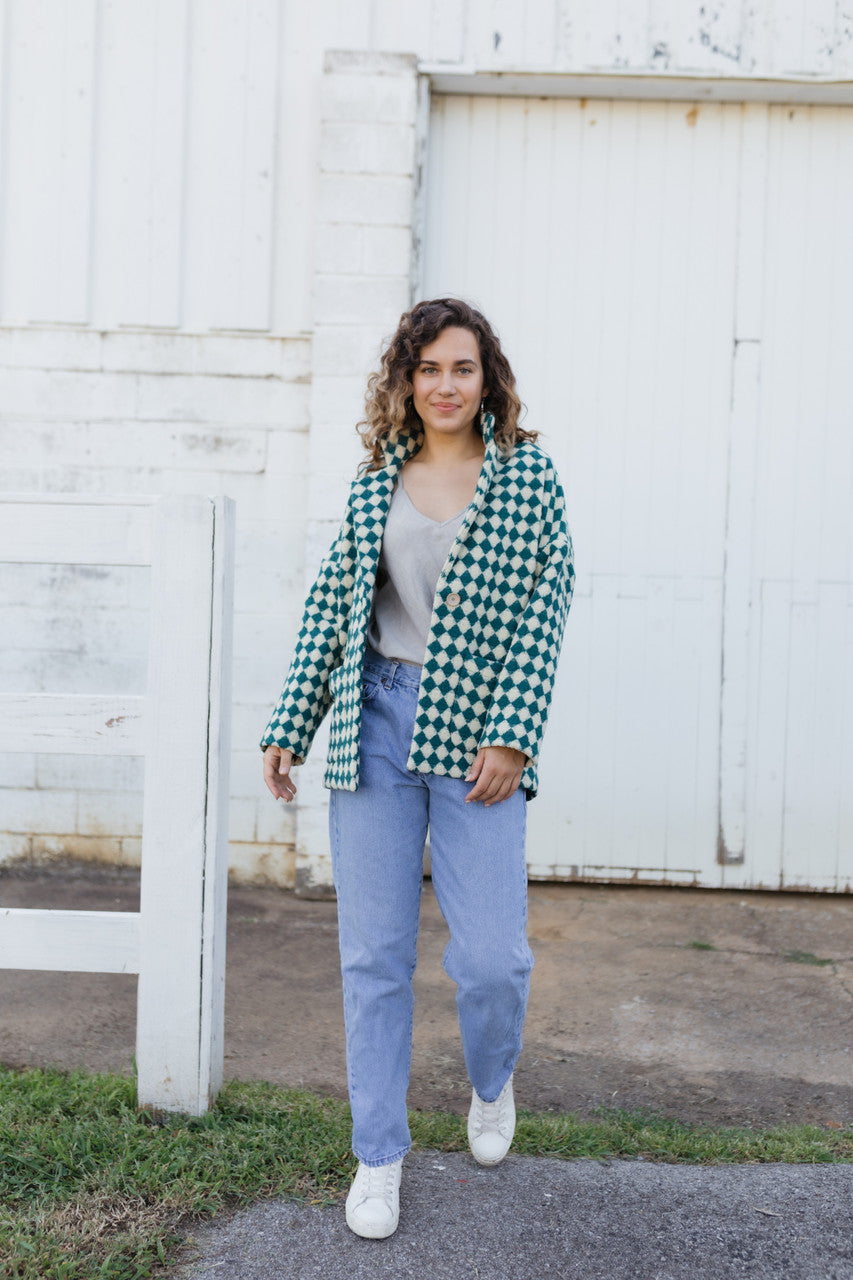 Portuguese Wool Pieper Coat in Teal and Cream Check Made to Order