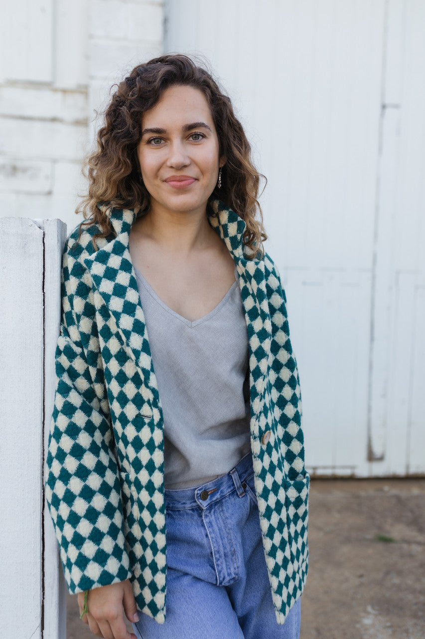 Portuguese Wool Pieper Coat in Teal and Cream Check Made to Order
