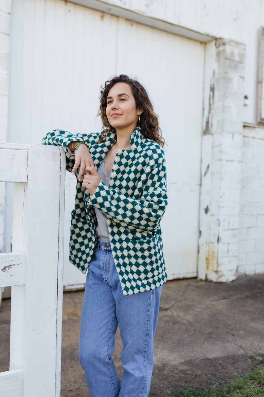 Portuguese Wool Pieper Coat in Teal and Cream Check Made to Order