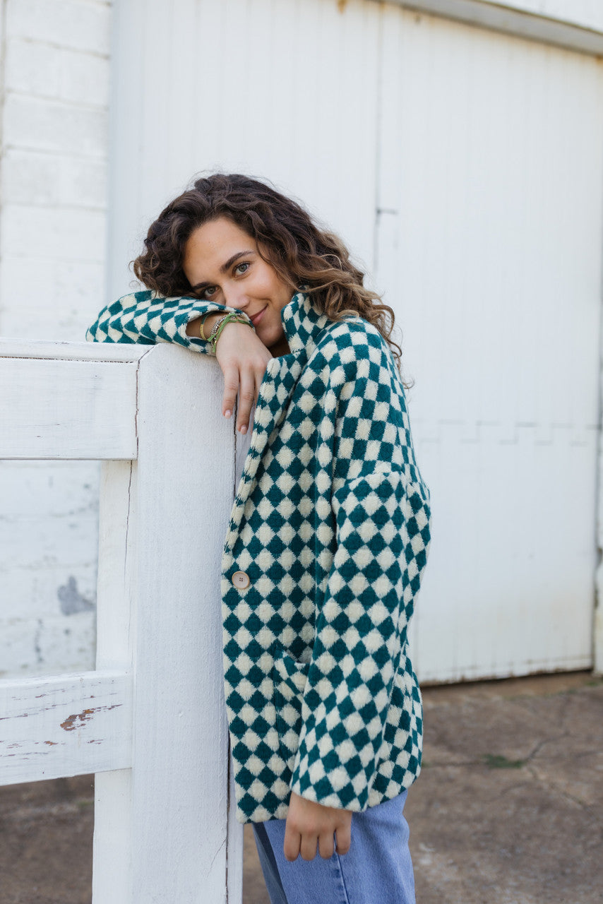 Portuguese Wool Pieper Coat in Teal and Cream Check Made to Order