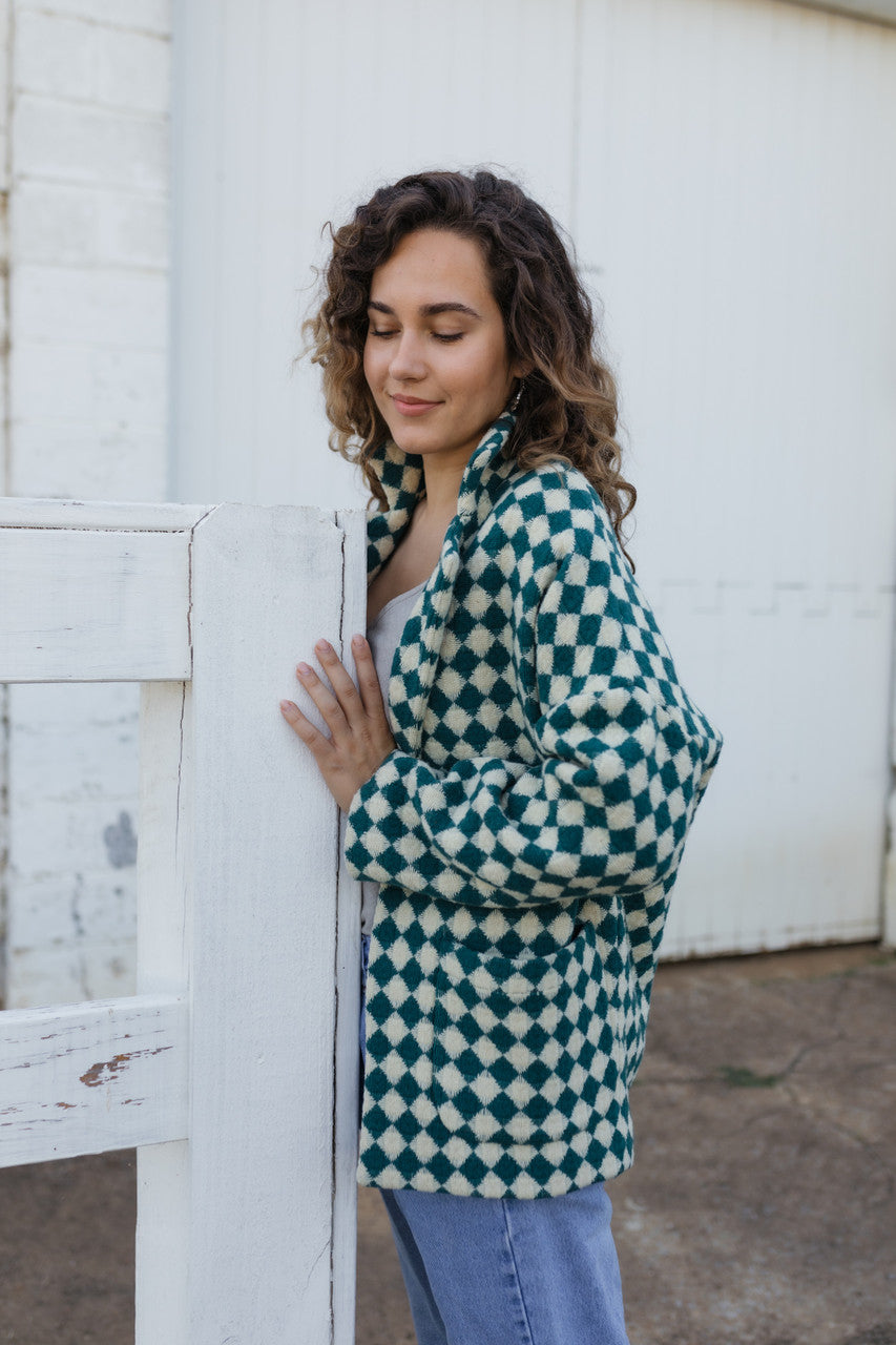 Portuguese Wool Pieper Coat in Teal and Cream Check Made to Order