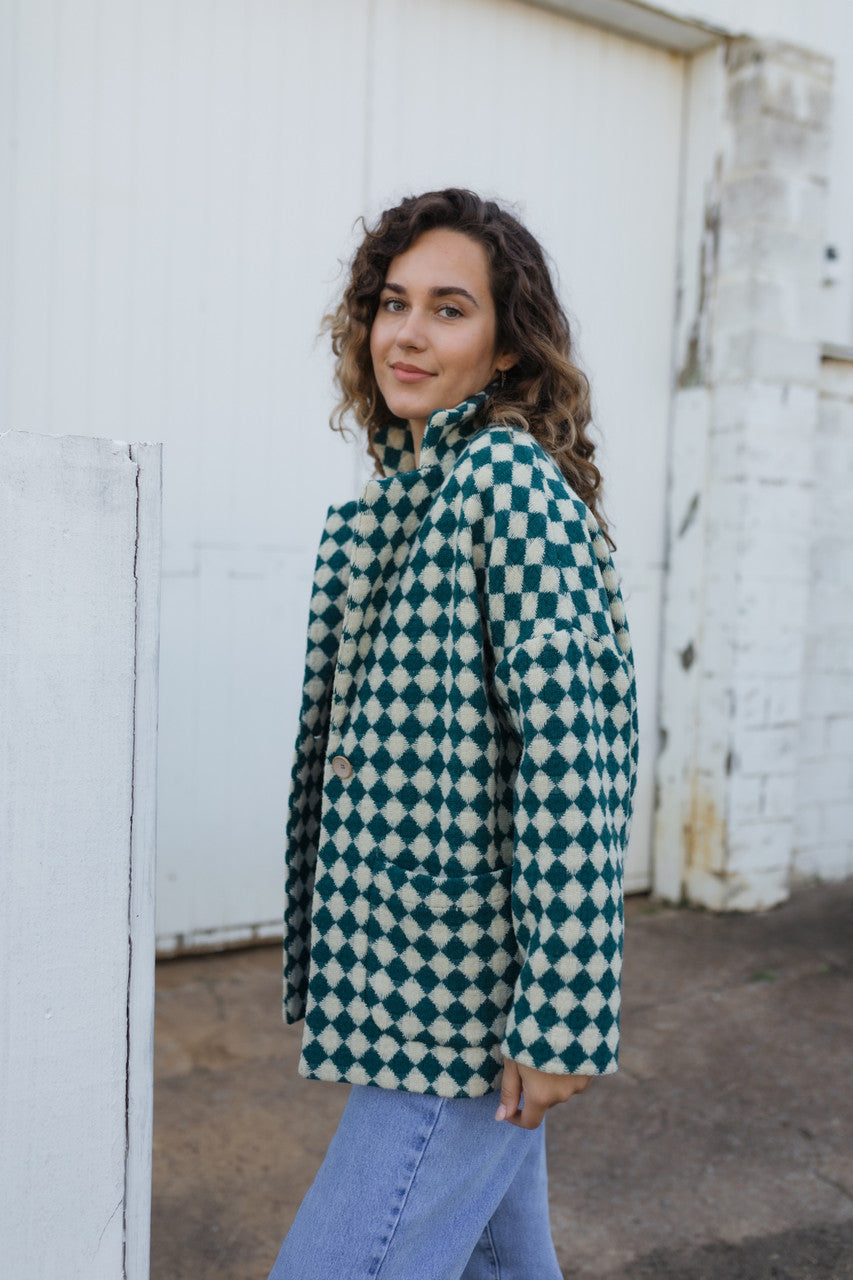Portuguese Wool Pieper Coat in Teal and Cream Check Made to Order