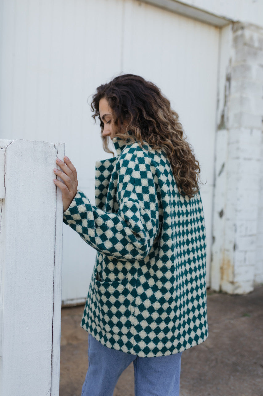 Portuguese Wool Pieper Coat in Teal and Cream Check Made to Order