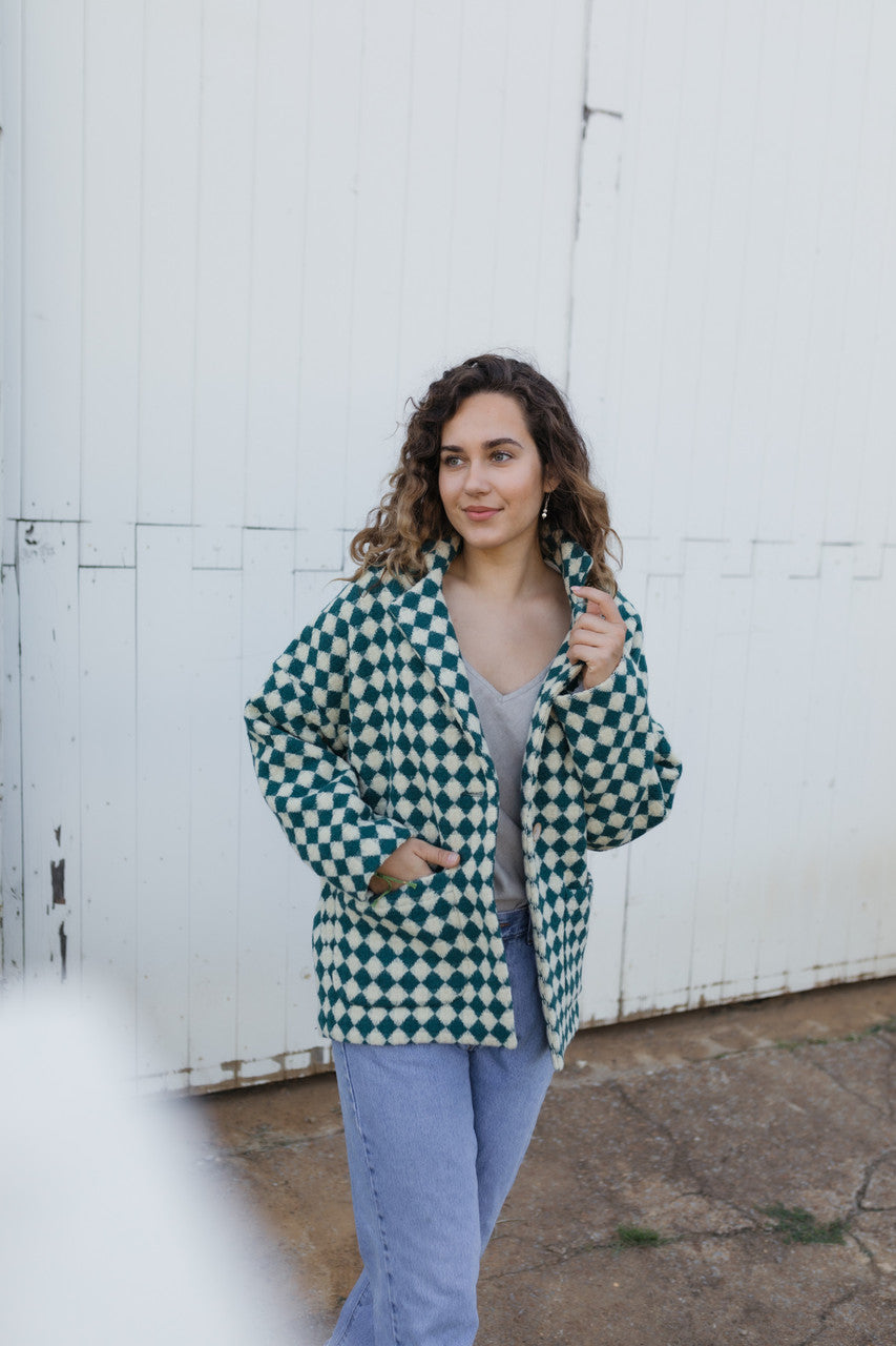 Portuguese Wool Pieper Coat in Teal and Cream Check Made to Order