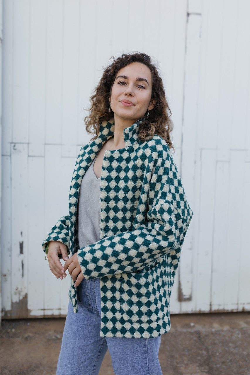 Portuguese Wool Pieper Coat in Teal and Cream Check Made to Order