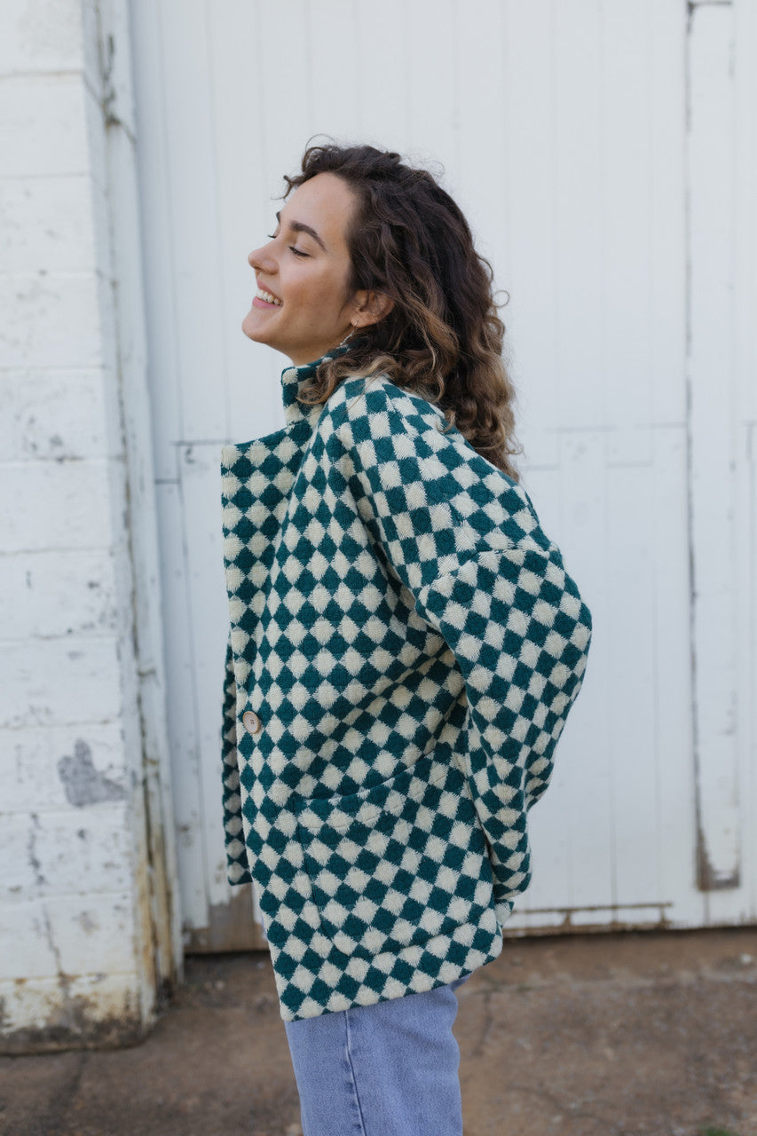 Portuguese Wool Pieper Coat in Teal and Cream Check Made to Order