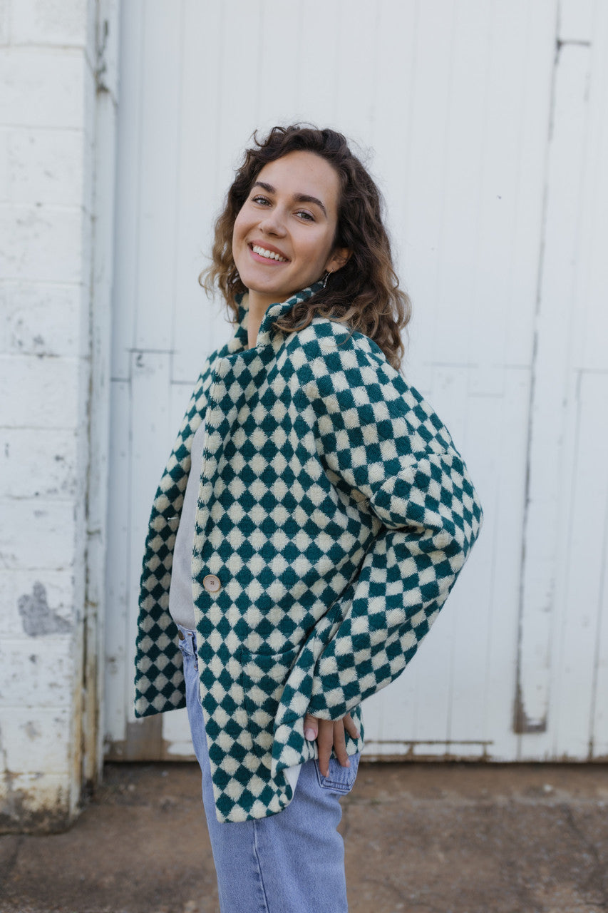 Portuguese Wool Pieper Coat in Teal and Cream Check Made to Order