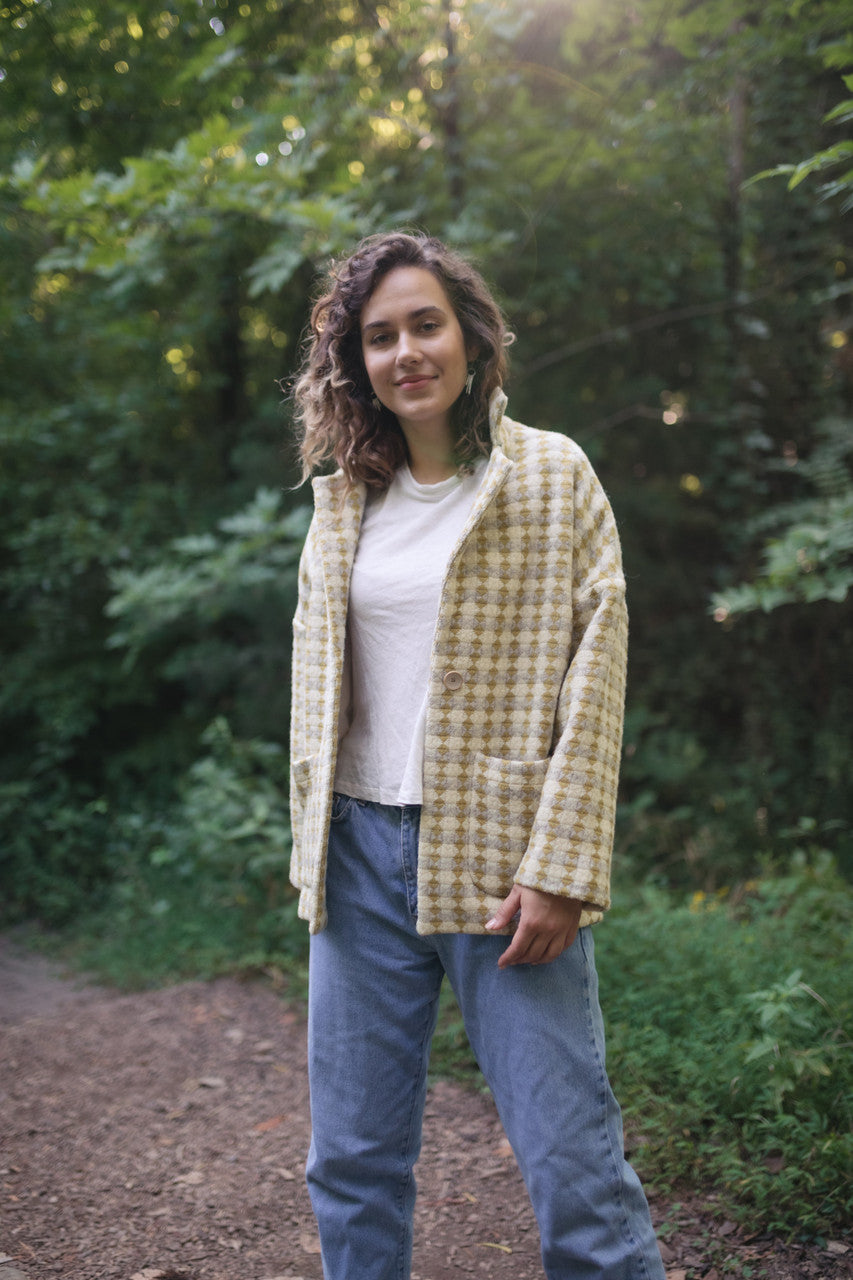 Portuguese Wool Pieper Coat in Mustard/Light Grey and Cream Check Made to Order