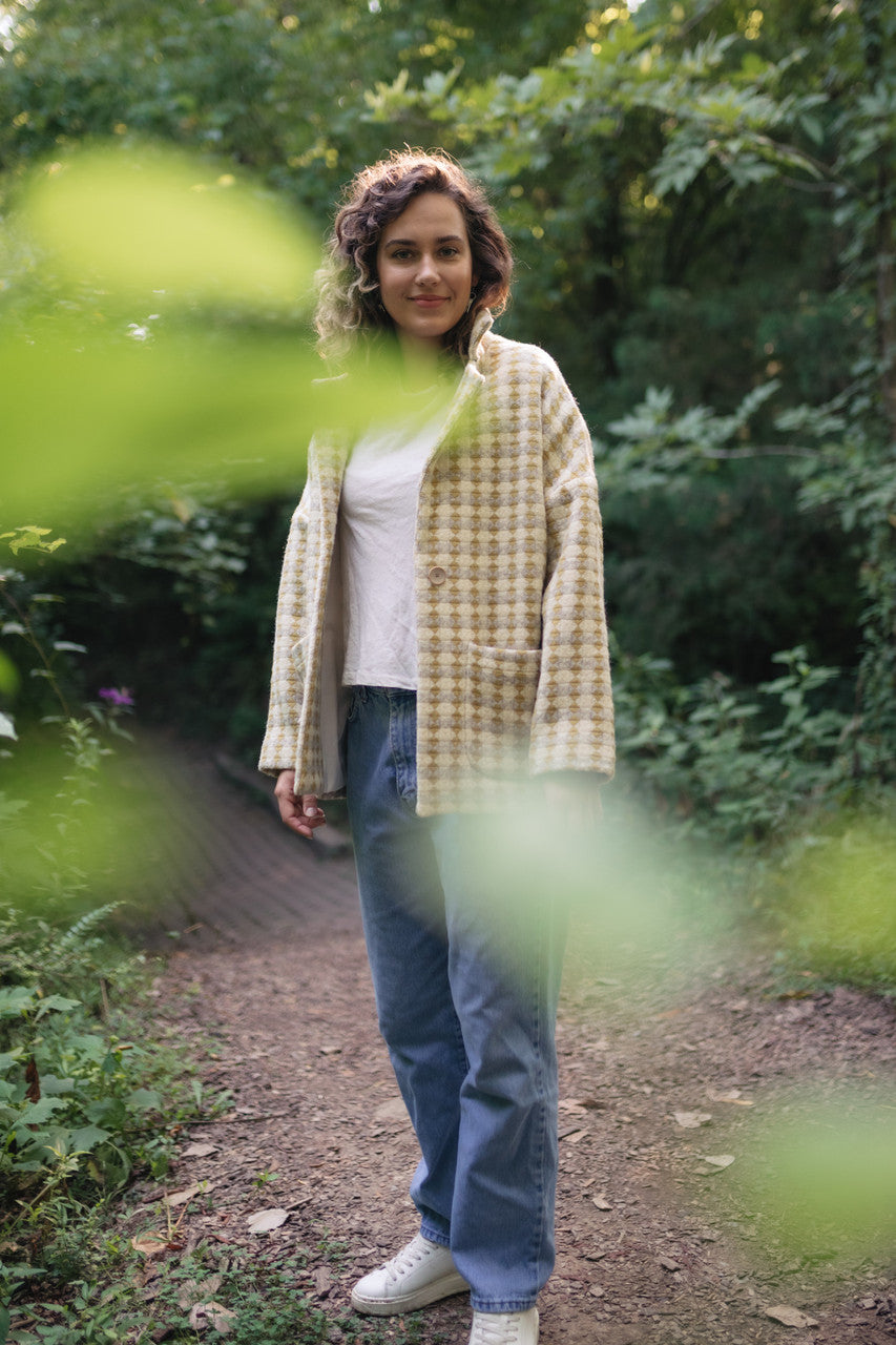 Portuguese Wool Pieper Coat in Mustard/Light Grey and Cream Check Made to Order