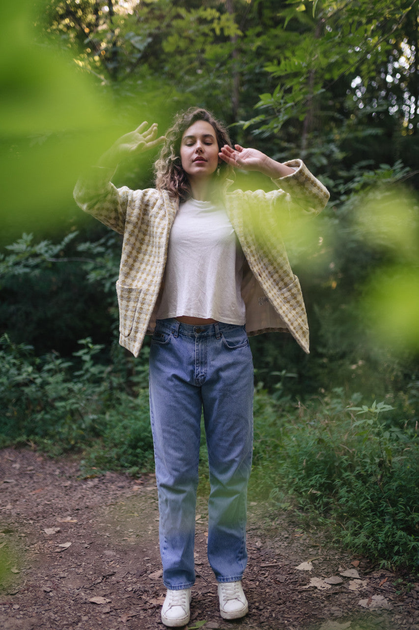 Portuguese Wool Pieper Coat in Mustard/Light Grey and Cream Check Made to Order