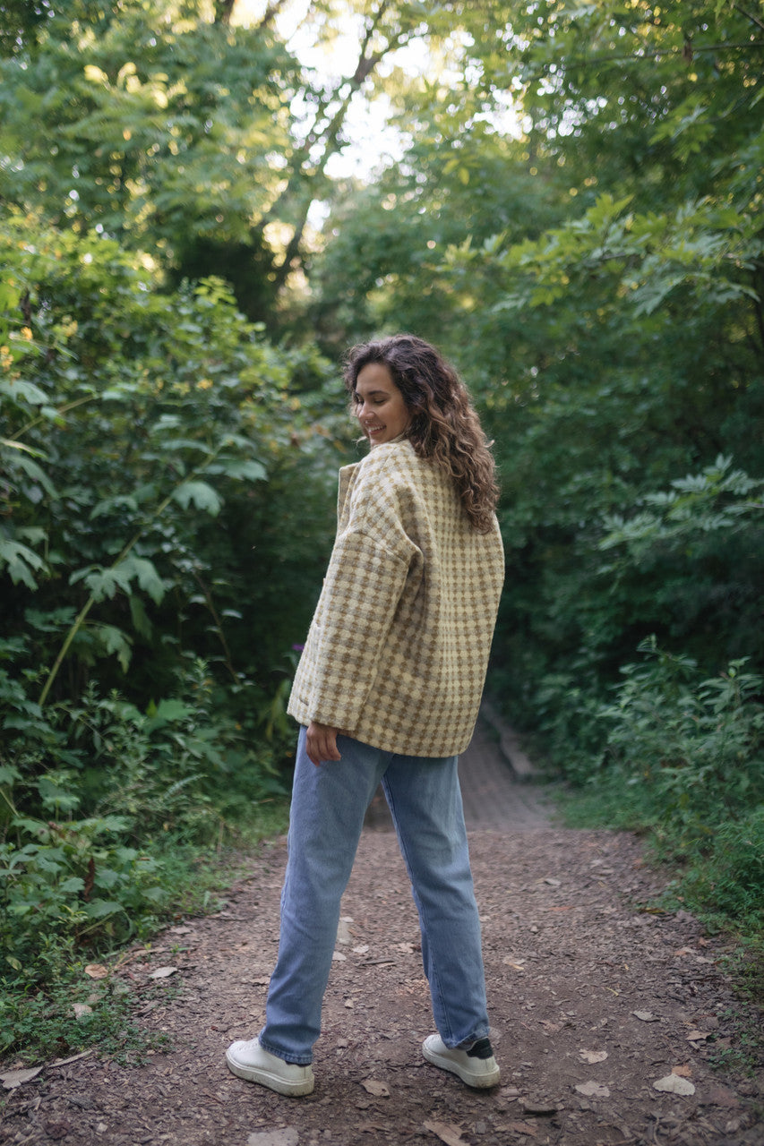 Portuguese Wool Pieper Coat in Mustard/Light Grey and Cream Check Made to Order
