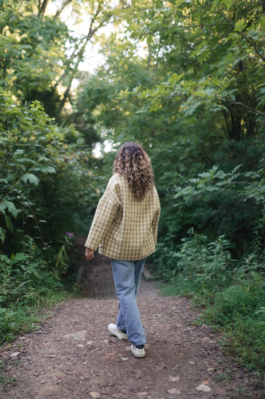 Portuguese Wool Pieper Coat in Mustard/Light Grey and Cream Check Made to Order