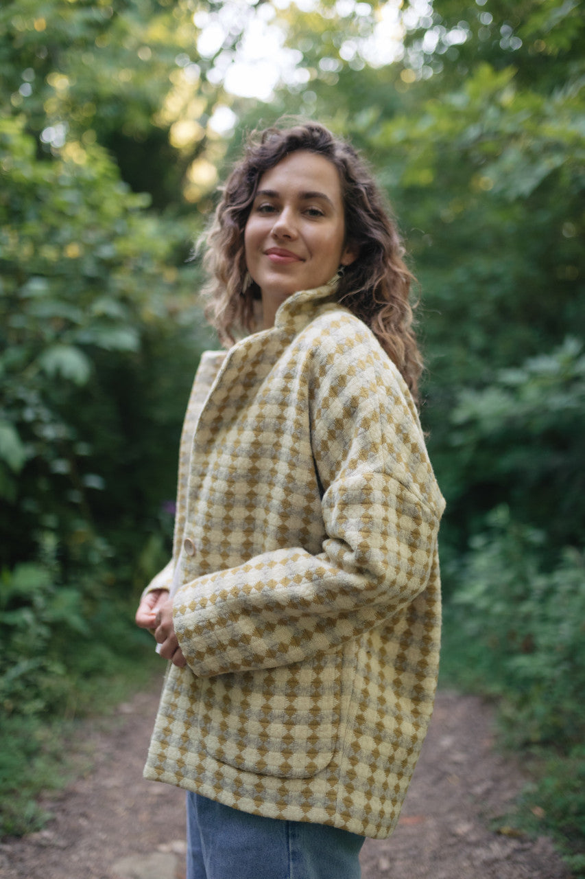 Portuguese Wool Pieper Coat in Mustard/Light Grey and Cream Check Made to Order