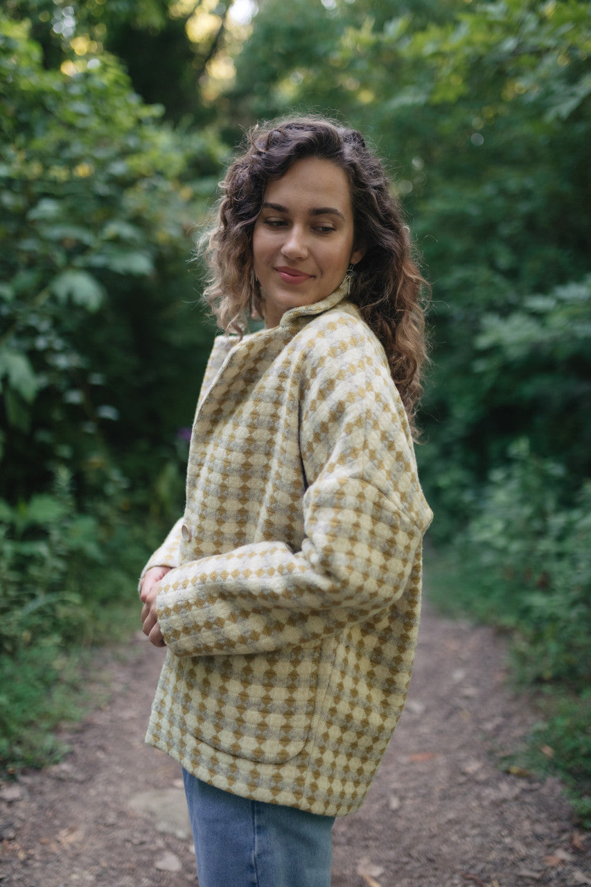 Portuguese Wool Pieper Coat in Mustard/Light Grey and Cream Check Made to Order