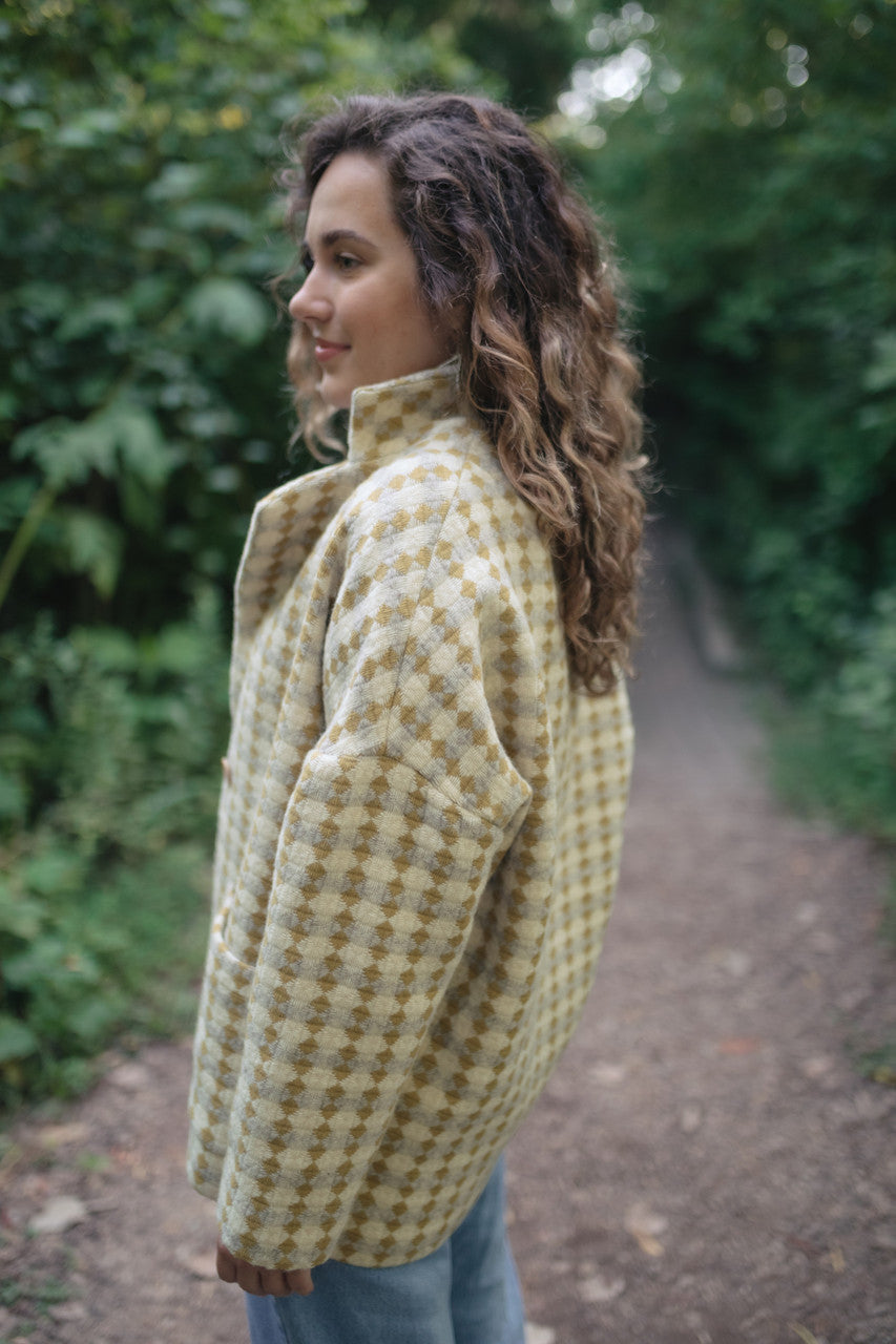 Portuguese Wool Pieper Coat in Mustard/Light Grey and Cream Check Made to Order