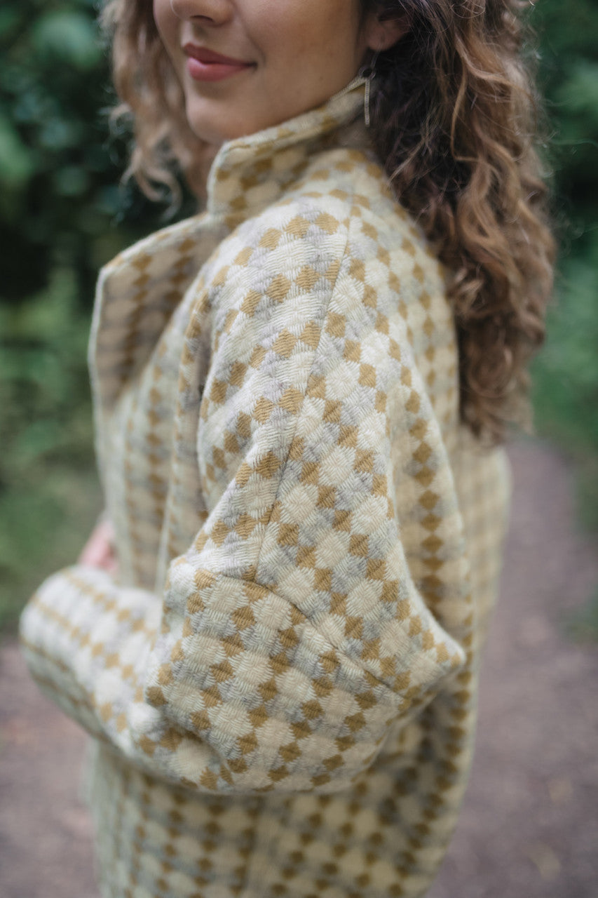 Portuguese Wool Pieper Coat in Mustard/Light Grey and Cream Check Made to Order