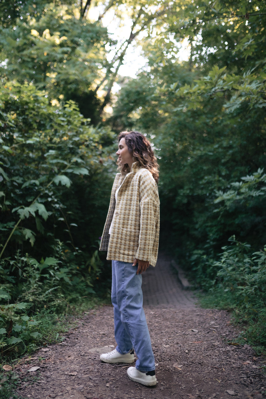 Portuguese Wool Pieper Coat in Mustard/Light Grey and Cream Check Made to Order