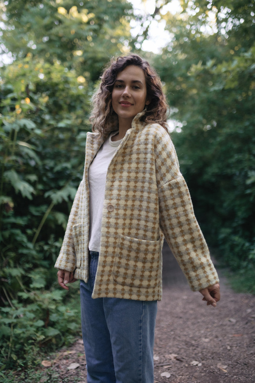 Portuguese Wool Pieper Coat in Mustard/Light Grey and Cream Check Made to Order