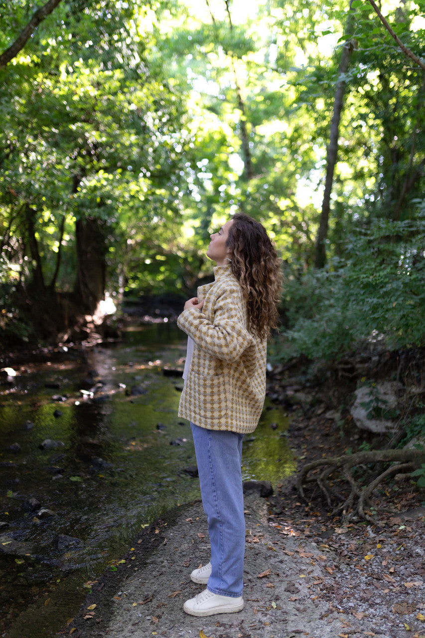Portuguese Wool Pieper Coat in Mustard/Light Grey and Cream Check Made to Order