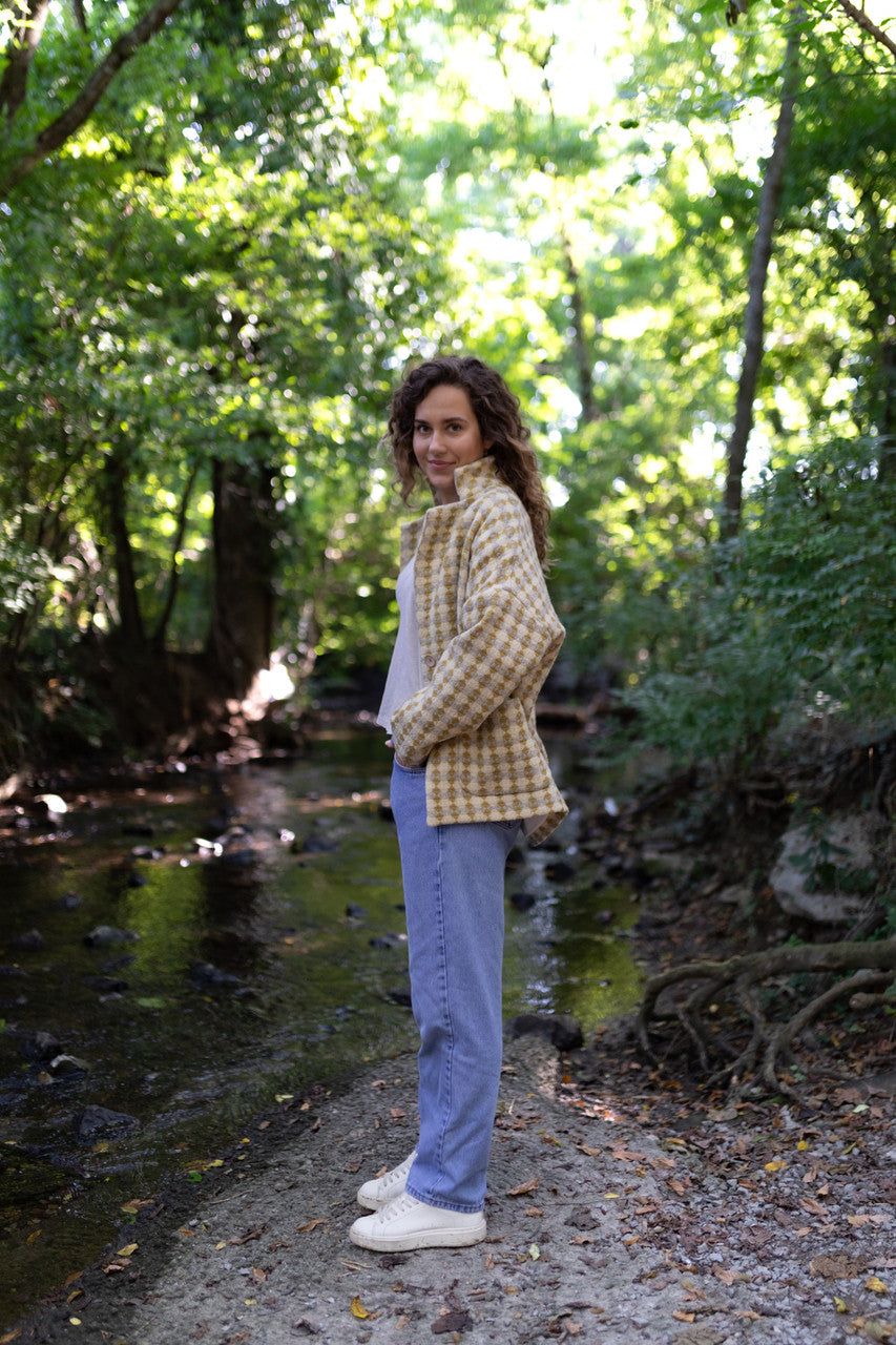 Portuguese Wool Pieper Coat in Mustard/Light Grey and Cream Check Made to Order