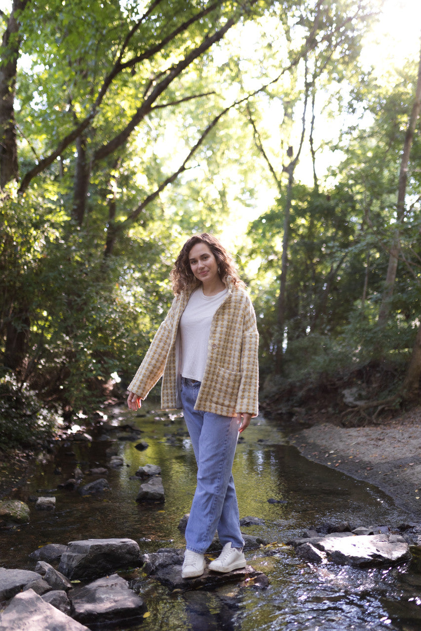 Portuguese Wool Pieper Coat in Mustard/Light Grey and Cream Check Made to Order